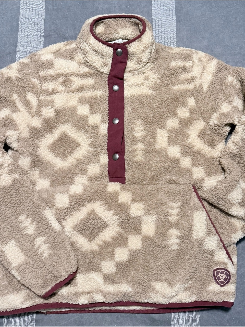 Ariat Beige and Burgundy Aztec Patterned Sherpa Pullover
